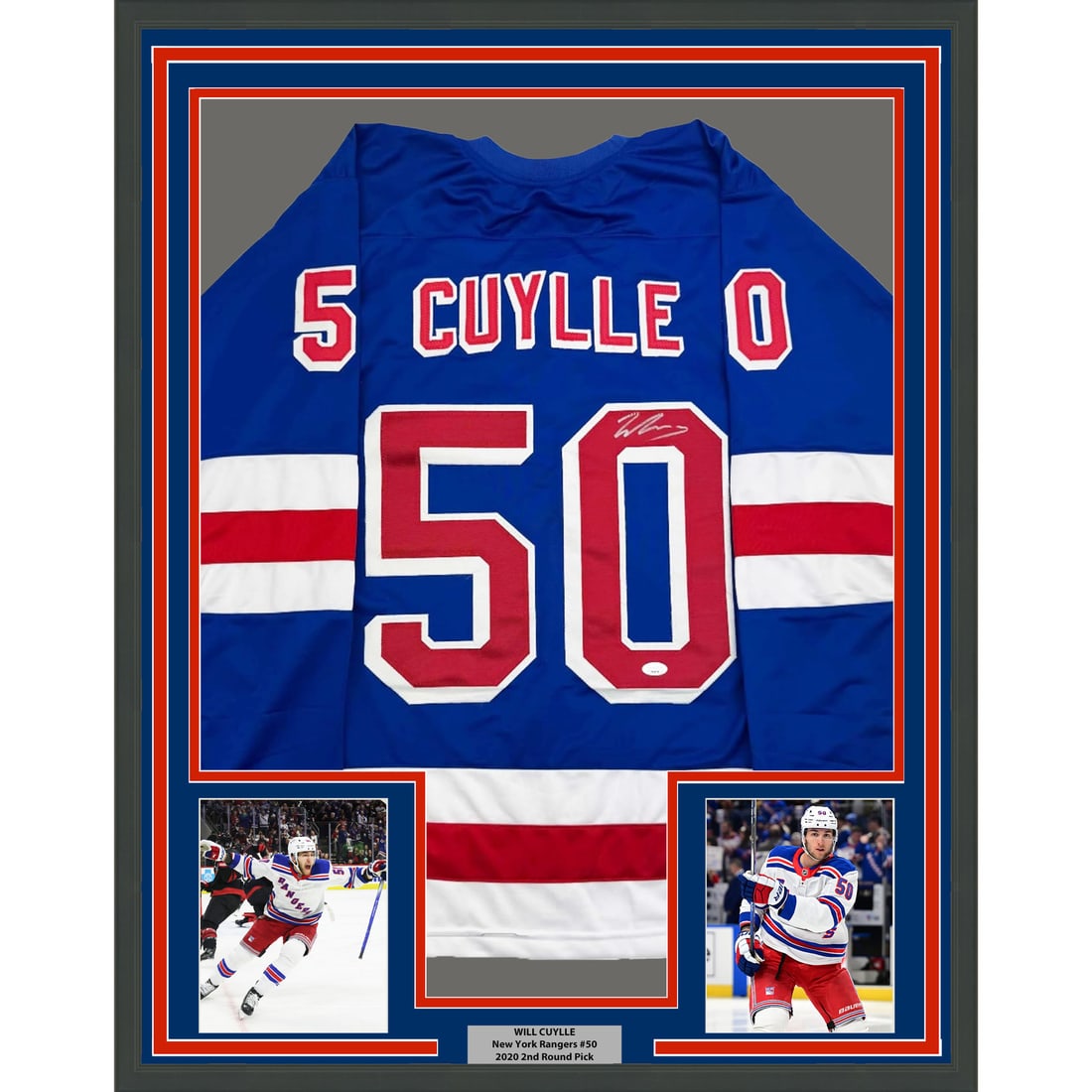 Framed Will Cuylle Signed New York Rangers Jersey with JSA COA: Framed Will Cuylle Signed New York Rangers Jersey with JSA COA This framed autographed hockey jersey features Will Cuylle of the New York Rangers. The jersey is professionally matted and framed, accom