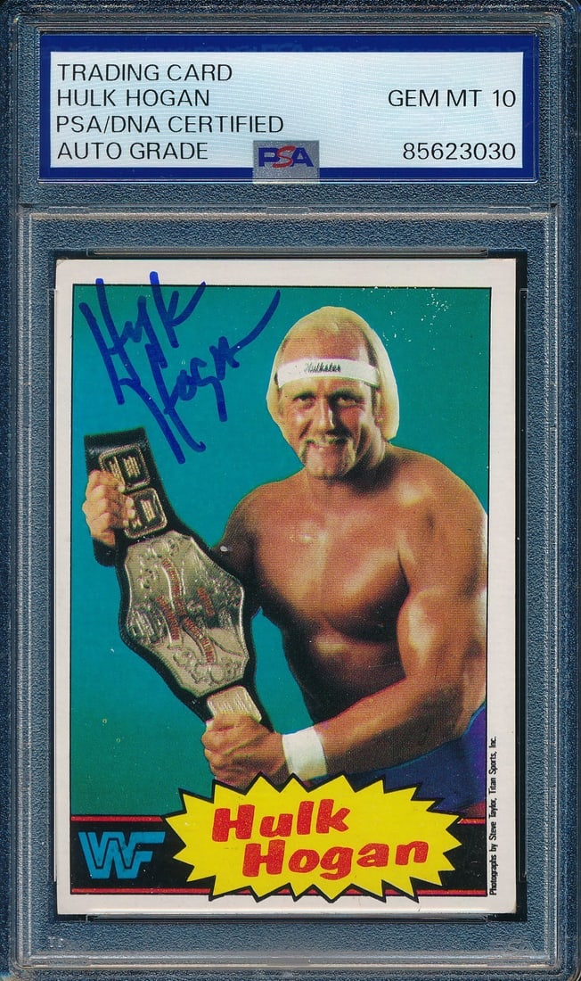 Hulk Hogan Autographed 1985 Topps WWF Rookie Card 16 PSA DNA Gem Mint 10: Hulk Hogan Autographed 1985 Topps WWF Rookie Card 16 PSA DNA Gem Mint 10 This is an original 1985 TOPPS WWF Hulk Hogan rookie card #16, featuring an on-card autograph by Hulk Hogan. The card is authen