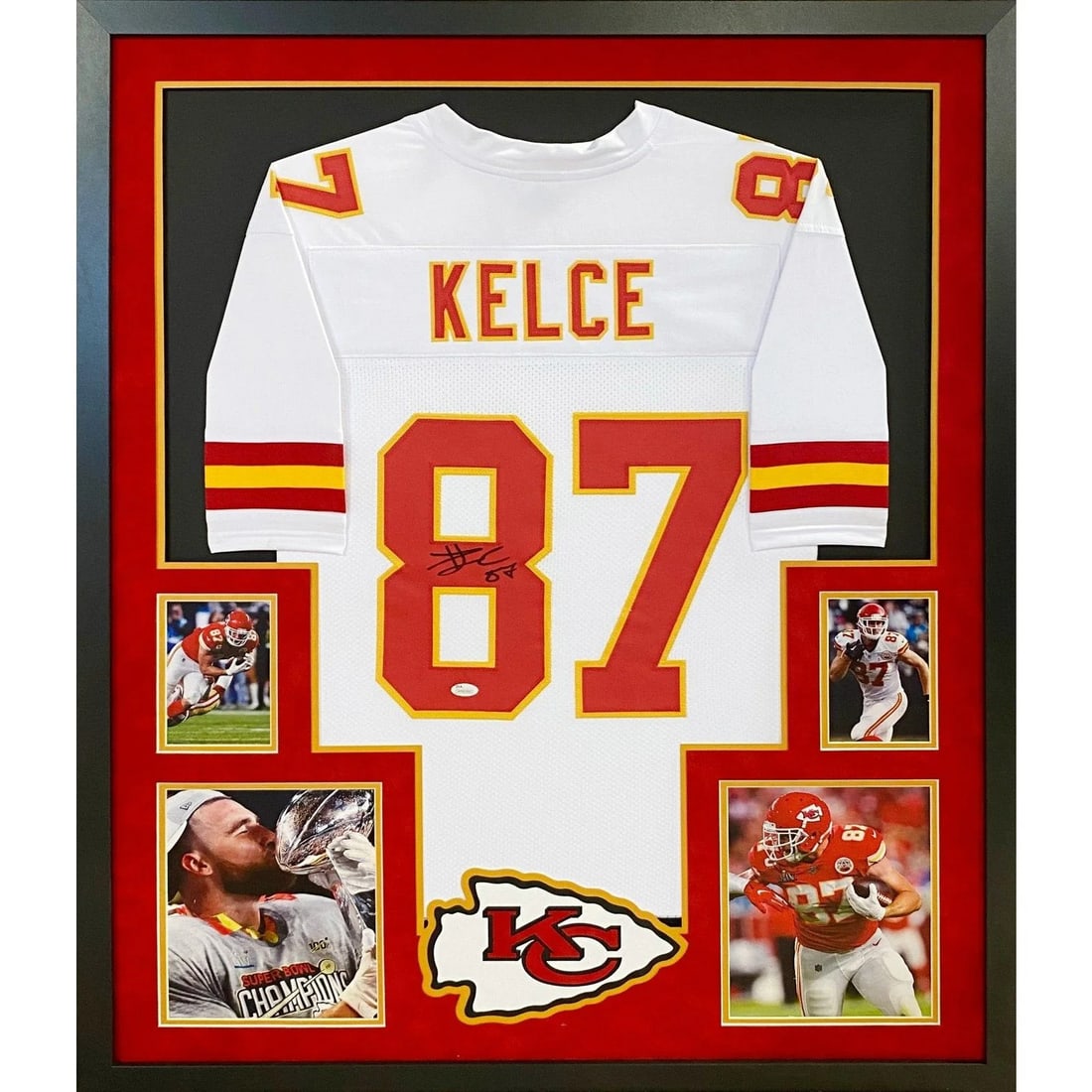 Framed Kansas City Chiefs Jersey Signed by Travis Kelce with JSA Authentication: Framed Kansas City Chiefs Jersey Signed by Travis Kelce with JSA Authentication This framed white jersey has been autographed by Travis Kelce of the Kansas City Chiefs and is authenticated by JSA. It 