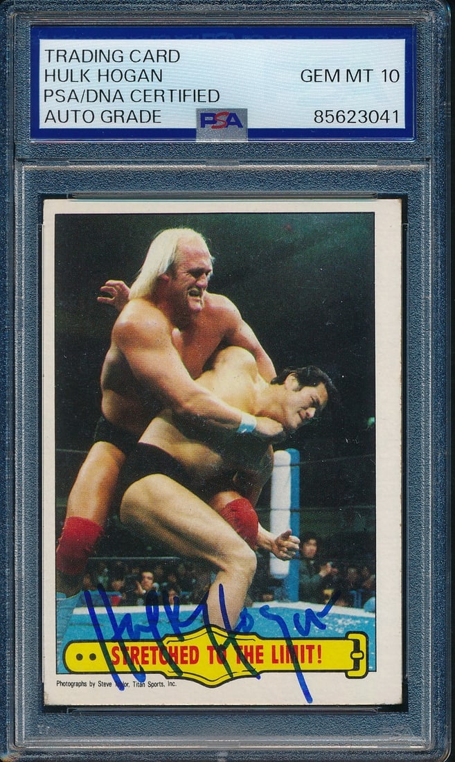 1985 TOPPS WWF Hulk Hogan Signed Card #29 PSA/DNA GEM-MT 10: 1985 TOPPS WWF Hulk Hogan Signed Card #29 PSA/DNA GEM-MT 10 Offered is a 1985 TOPPS WWF Hulk Hogan Signed/Autographed On Card #29, titled "Stretched To The Limit." This card has been authenticated by 
