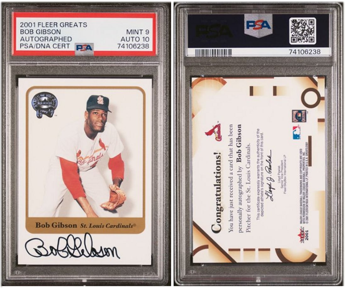 Bob Gibson 2001 Fleer Greats Autograph PSA 9 Card PSA 10 Auto St. Louis: Bob Gibson 2001 Fleer Greats Autograph PSA 9 Card PSA 10 Auto St. Louis Celebrate the legacy of Bob Gibson with this 2001 Fleer Greats Autograph card, graded PSA 9 for the card and 10 for the autograp