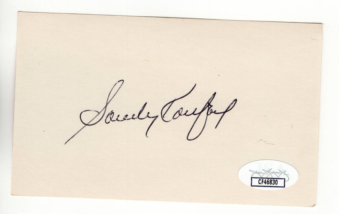 Sandy Koufax Autographed 3X5 Index Card Dodgers JSA Authenticated: Sandy Koufax Autographed 3X5 Index Card Dodgers JSA Authenticated This is an original autographed 3X5 index card featuring the legendary Sandy Koufax, a Hall of Fame pitcher for the Los Angeles Dodger