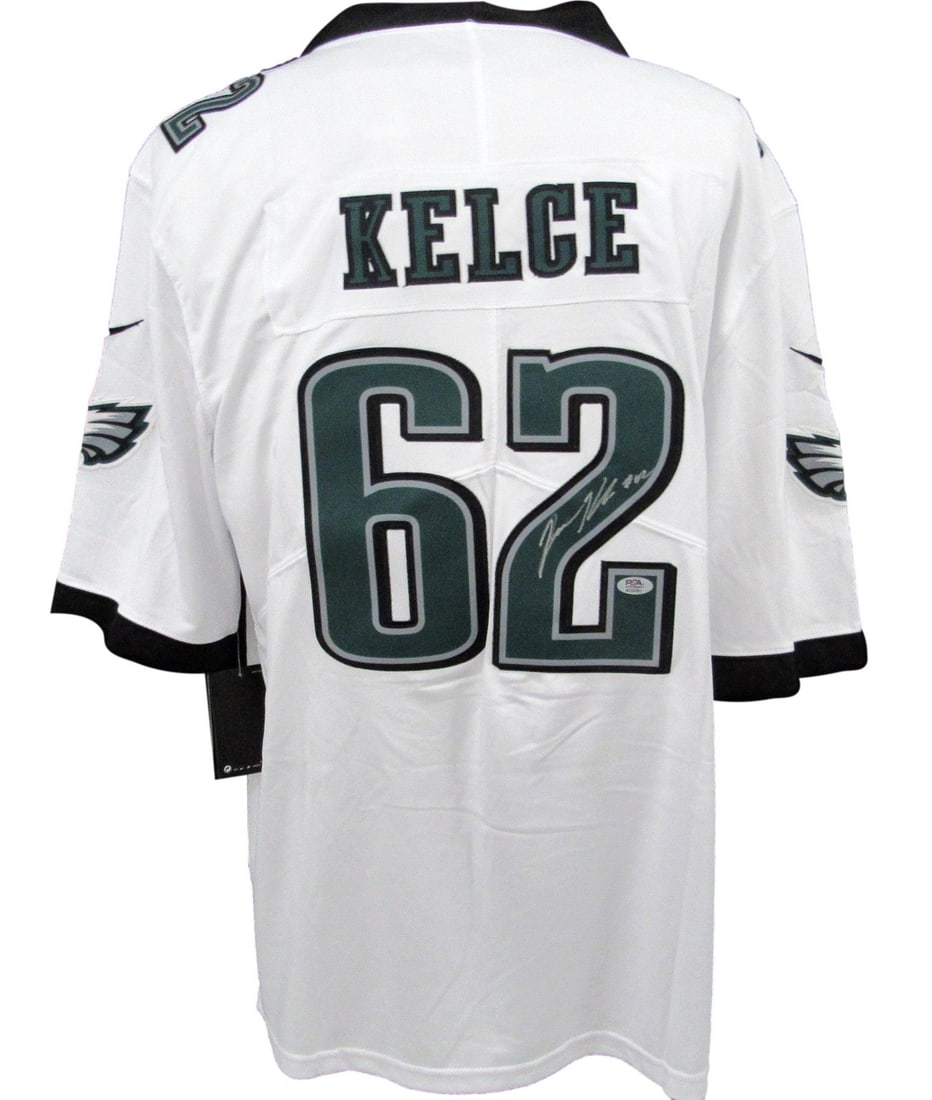 Autographed Jason Kelce Philadelphia Eagles White Nike On Field Jersey PSA DNA: Autographed Jason Kelce Philadelphia Eagles White Nike On Field Jersey PSA DNA This is an original Jason Kelce signed white Nike On Field football jersey, representing the Philadelphia Eagles. The jer