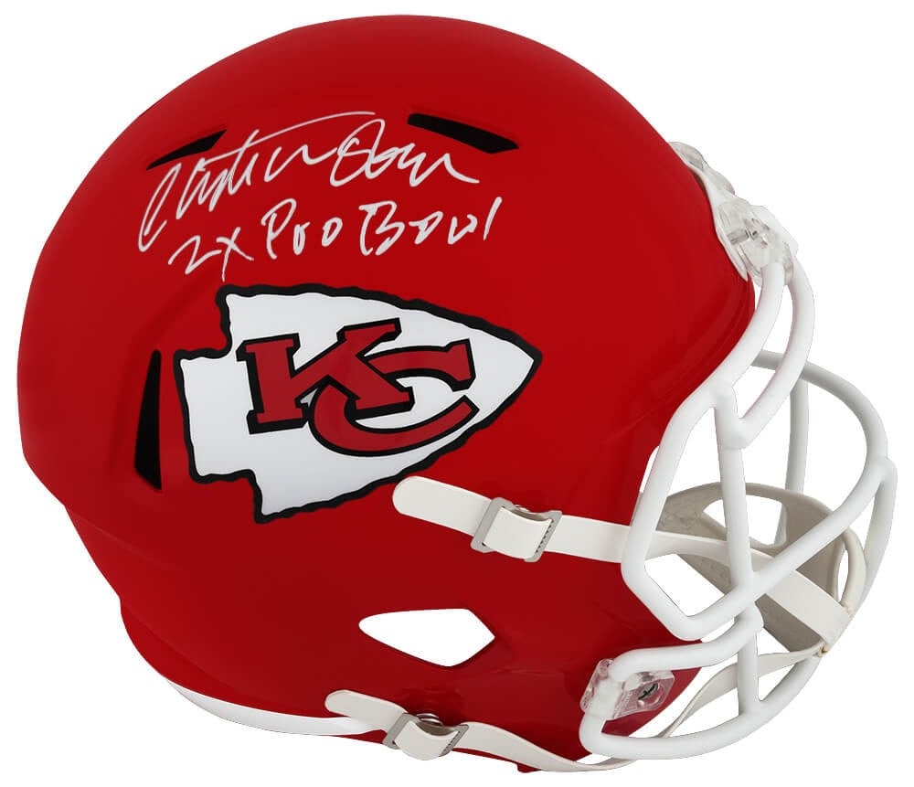 Christian Okoye Signed Chiefs Riddell Helmet 2x Pro Bowl - SS COA: Christian Okoye Signed Chiefs Riddell Helmet 2x Pro Bowl - SS COA This is a signed full-size speed replica helmet of Christian Okoye, the renowned player of the Kansas City Chiefs. The helmet features