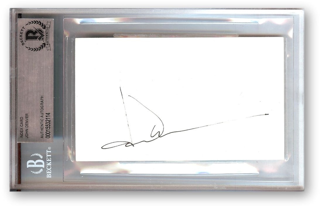 John Denver Signed Index Card Authenticated by Beckett 4.5 x 7: John Denver Signed Index Card Authenticated by Beckett 4.5 x 7 This is an original autographed index card signed by the legendary folk singer and songwriter John Denver. The card features a Beckett Au