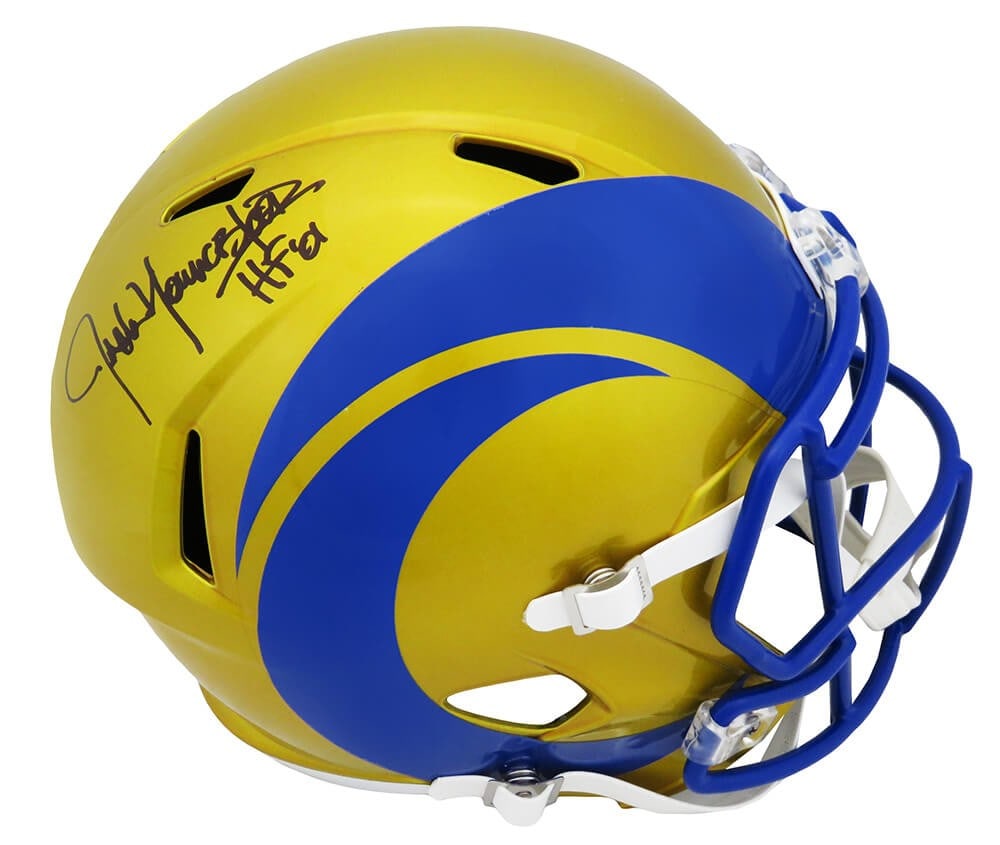 Jack Youngblood Signed Rams Flash Riddell Helmet with HF 01 Inscription and COA: Jack Youngblood Signed Rams Flash Riddell Helmet with HF 01 Inscription and COA This is a Jack Youngblood signed Los Angeles Rams Flash Riddell full-size speed replica helmet, featuring the inscriptio