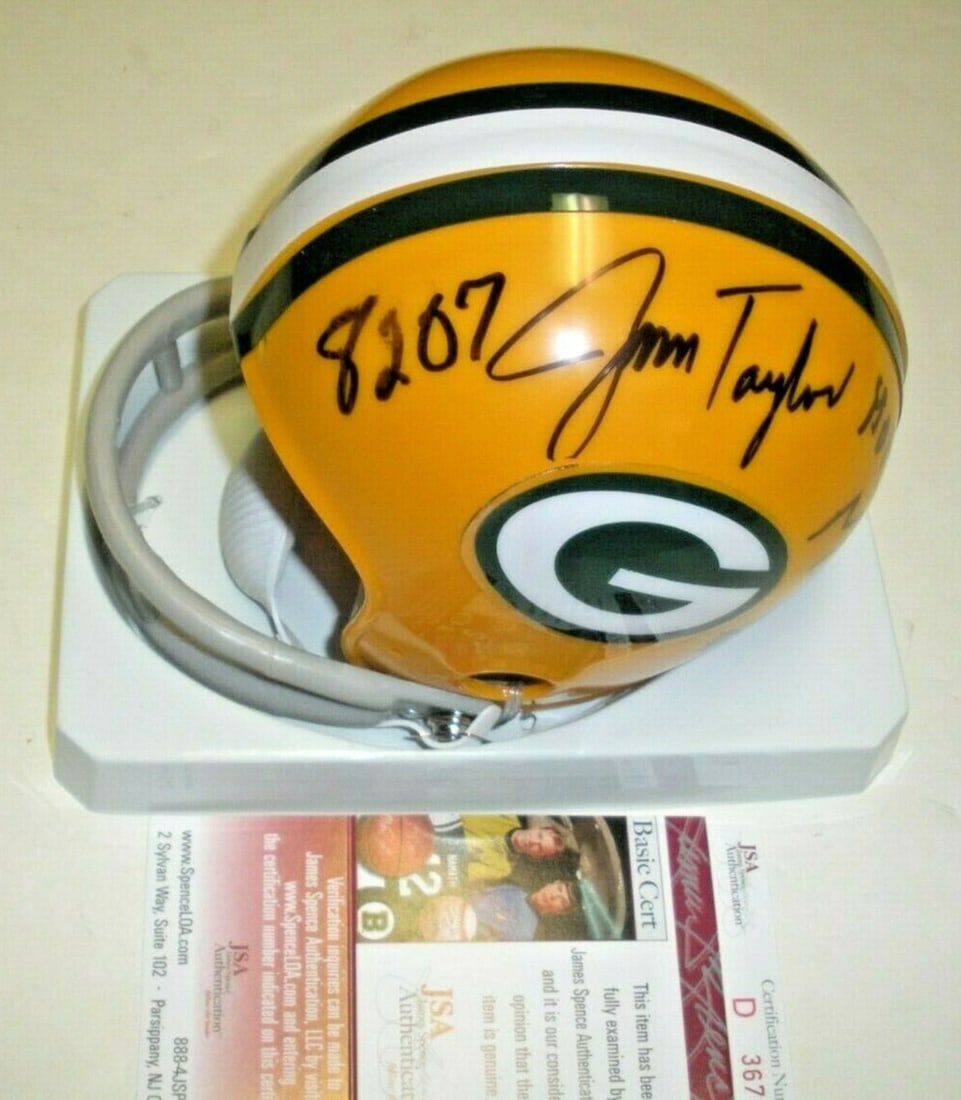 Jim Taylor Autographed Green Bay Packers Mini Helmet with JSA COA: Jim Taylor Autographed Green Bay Packers Mini Helmet with JSA COA This Green Bay Packers mini helmet is signed by Jim Taylor, a Hall of Fame inductee (1976), MVP in 1962, and who achieved 8,207 career