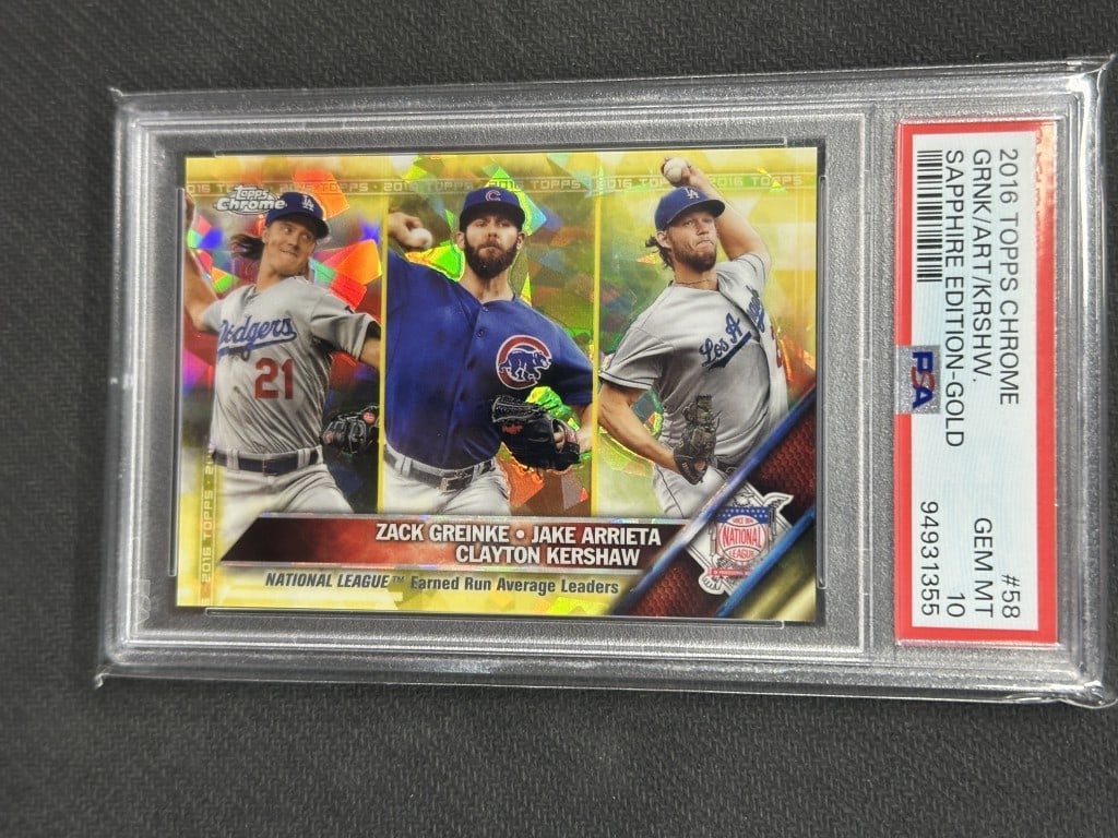 2016 Topps Chrome Gold Sapphire Kershaw Greinke Arrieta PSA 10 #58: 2016 Topps Chrome Gold Sapphire Kershaw Greinke Arrieta PSA 10 #58 This is a 2016 Topps Chrome Gold Sapphire baseball card featuring prominent players Clayton Kershaw, Zack Greinke, and Jake Arrieta. 