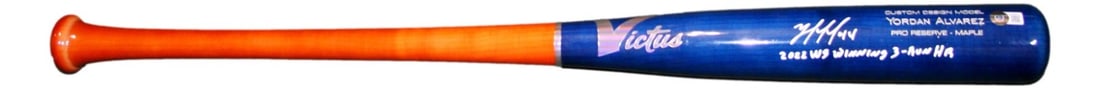 Victus Blue 34 Inch Baseball Bat Autographed by Yordan Alvarez Beckett Authenticated: Victus Blue 34 Inch Baseball Bat Autographed by Yordan Alvarez Beckett Authenticated This is a pre-owned 34-inch Victus Player Model blue baseball bat, personally signed by Yordan Alvarez. The autogra