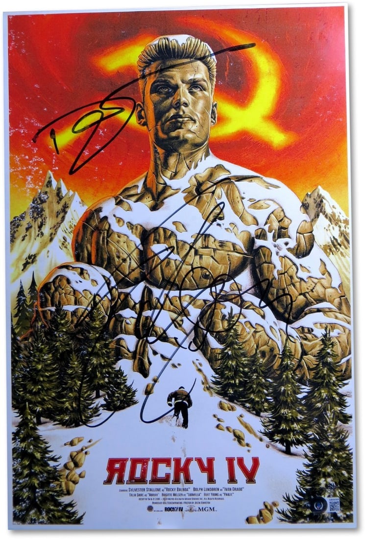 Sylvester Stallone Dolph Lundgren Dual Signed 12X18 Rocky IV Photo Beckett Authenticated: Sylvester Stallone Dolph Lundgren Dual Signed 12X18 Rocky IV Photo Beckett Authenticated This remarkable 12" x 18" photograph features dual autographs from legendary actors Sylvester Stallone and Dolp