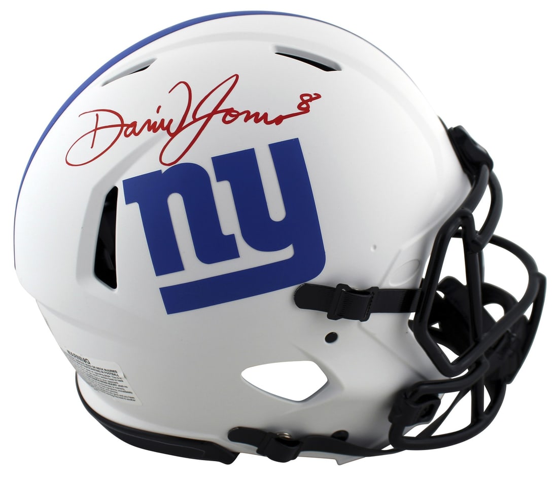 Daniel Jones Signed New York Giants Lunar Full Size Helmet BAS Witnessed: Daniel Jones Signed New York Giants Lunar Full Size Helmet BAS Witnessed This Authentic Full Size Speed Proline Helmet is a must-have for any New York Giants fan. Personally signed by quarterback Dani