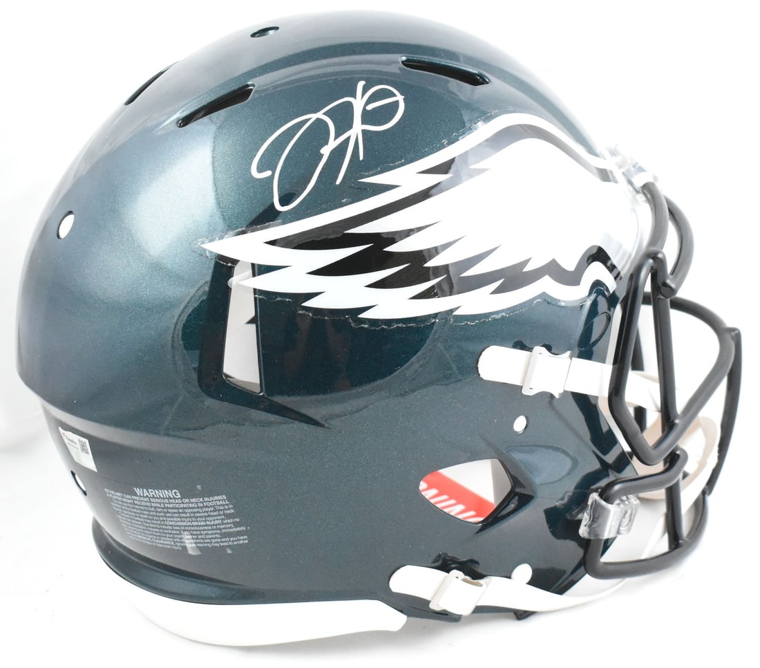 Philadelphia Eagles Speed Helmet Signed by Jalen Hurts Full Size Authentic: Philadelphia Eagles Speed Helmet Signed by Jalen Hurts Full Size Authentic This is a full-size Speed Authentic helmet autographed by Jalen Hurts of the Philadelphia Eagles. The helmet is an original i