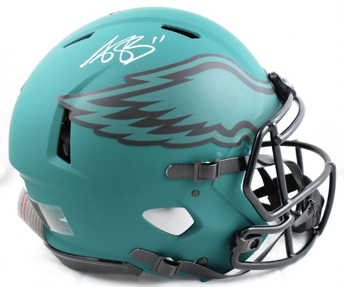 Philadelphia Eagles Full Size Speed Helmet Signed by A.J. Brown Beckett Authenticated: Philadelphia Eagles Full Size Speed Helmet Signed by A.J. Brown Beckett Authenticated This authentic Philadelphia Eagles full-size Rave Speed helmet features the autograph of A.J. Brown. The helmet in