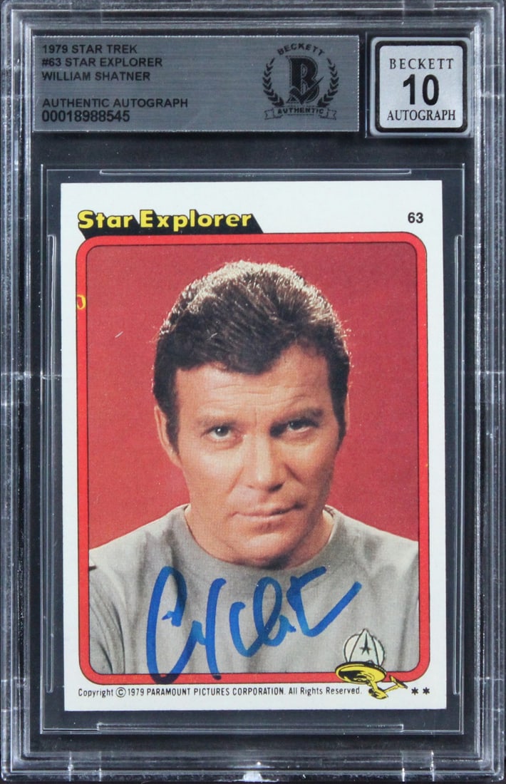 1979 Star Trek Card 63 Signed by William Shatner Beckett Slabbed Auto 10: 1979 Star Trek Card 63 Signed by William Shatner Beckett Slabbed Auto 10 This 1979 Star Trek #63 Star Explorer trading card has been personally signed by William Shatner. The autograph has been profes