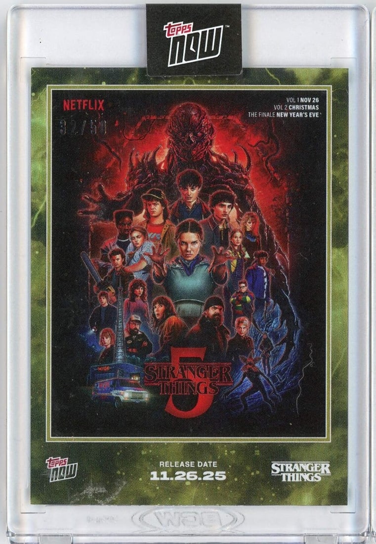 Gold Parallel 2025 Season 5 Stranger Things Topps Now #STRA Card Limited to 50: Gold Parallel 2025 Season 5 Stranger Things Topps Now #STRA Card Limited to 50 This is an original 2025 Topps Now Stranger Things #STRA Gold /50 Season 5 Cover Art Card. The card is authenticated by T