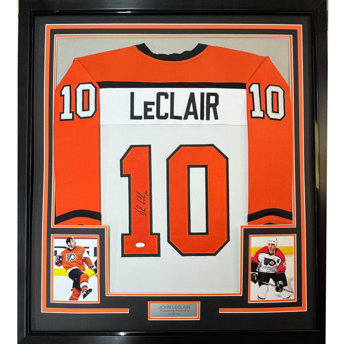 Framed John LeClair Autographed Jersey Philadelphia Flyers JSA COA 35x39: Framed John LeClair Autographed Jersey Philadelphia Flyers JSA COA 35x39 Showcase your love for the NHL with this professionally framed autographed jersey of John LeClair, a legendary player for the P