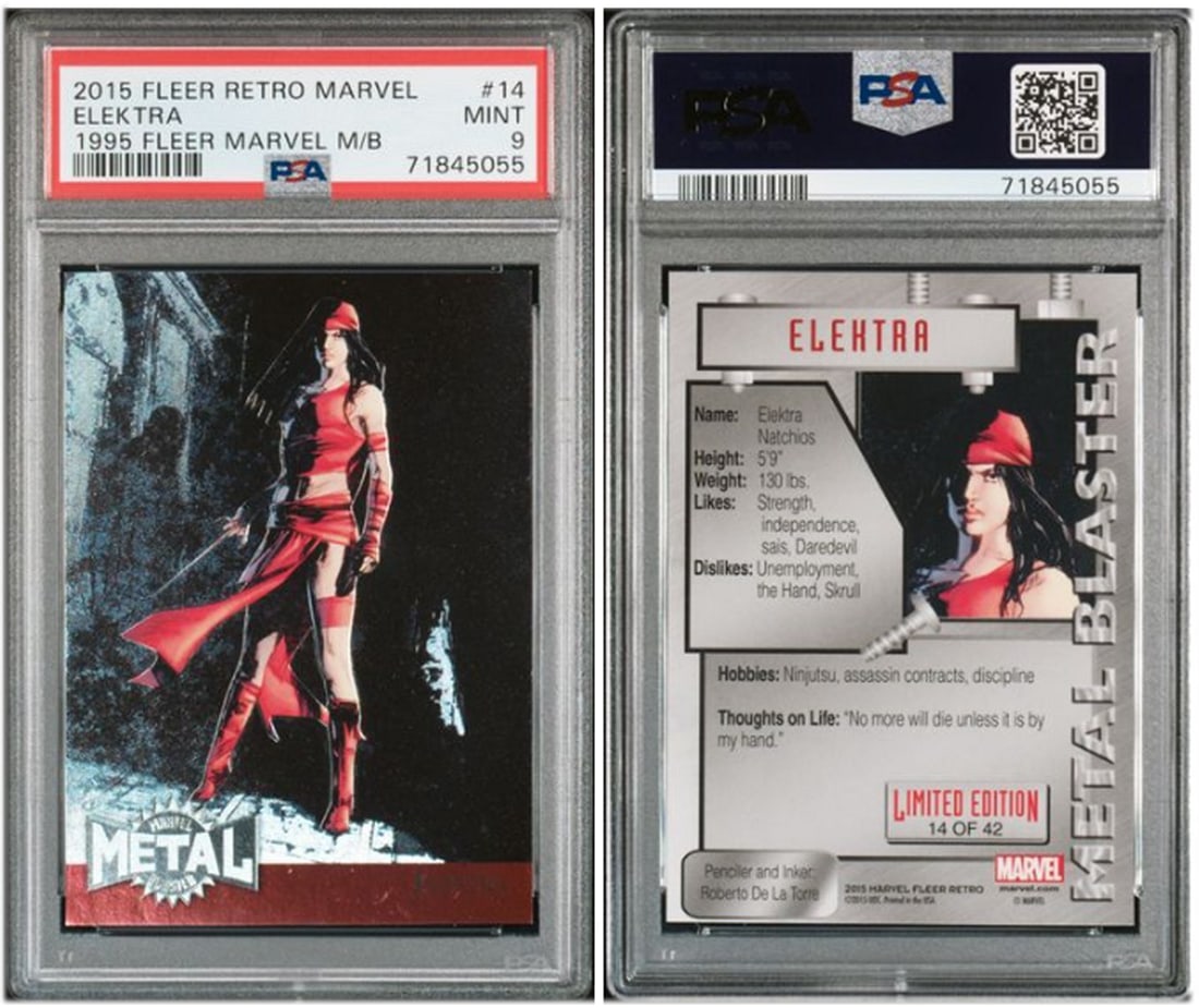 Elektra 2015 Fleer Retro Marvel Metal Blaster Card PSA 9 Mint: Elektra 2015 Fleer Retro Marvel Metal Blaster Card PSA 9 Mint This is an original 2015 Fleer Retro Marvel Metal Blaster #14 1995 Elektra trading card. The card has been graded PSA 9 Mint, ensuring its