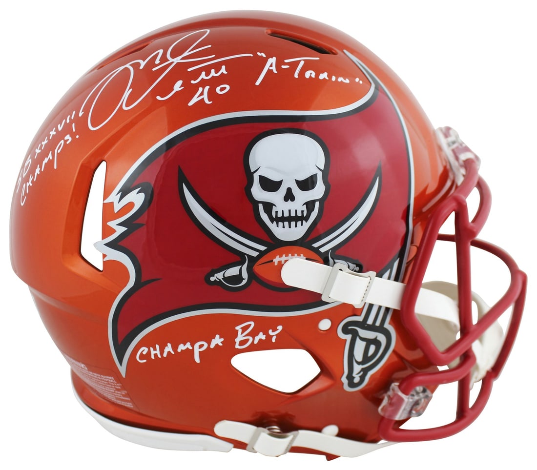 Mike Alstott Signed Buccaneers Flash Speed Proline Helmet With Three Inscriptions BAS: Mike Alstott Signed Buccaneers Flash Speed Proline Helmet With Three Inscriptions BAS This is an authentic full-size Riddell Speed Proline Alternate Flash helmet, hand-signed by Mike Alstott of the Ta
