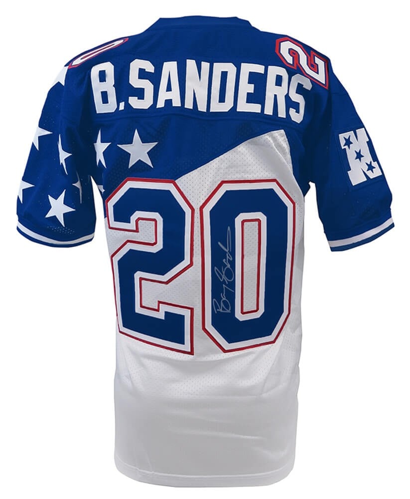 Barry Sanders Signed 1995 Pro Bowl White Jersey with COA: Barry Sanders Signed 1995 Pro Bowl White Jersey with COA Celebrate the legacy of Barry Sanders with this signed 1995 Pro Bowl white Mitchell & Ness authentic football jersey. This original jersey feat