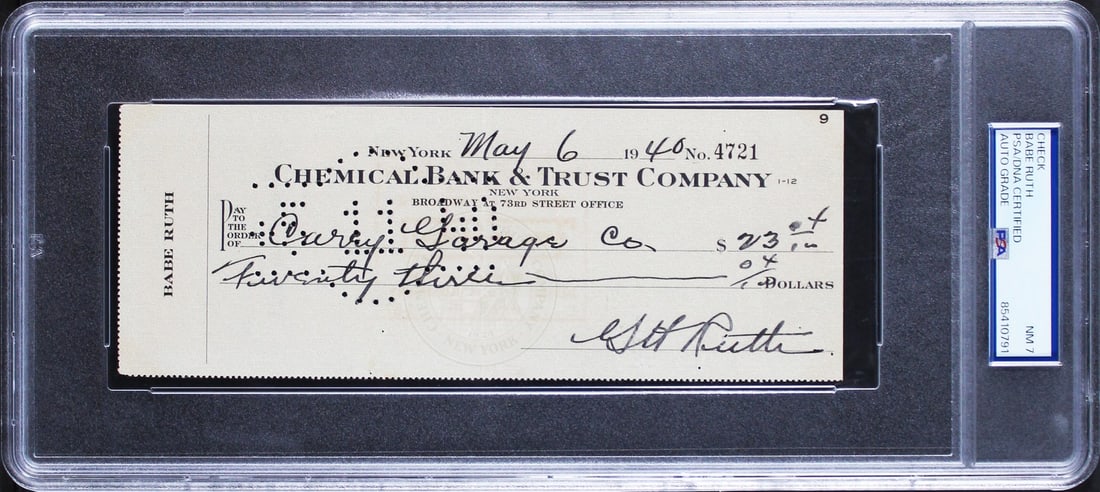 Babe Ruth Signed 3x8.25 Check May 6 1940 PSA/DNA Authentic Yankees: Babe Ruth Signed 3x8.25 Check May 6 1940 PSA/DNA Authentic Yankees This is an authentic 3x8.25 check dated May 6, 1940, personally signed by the legendary Babe Ruth of the New York Yankees. Graded NM-