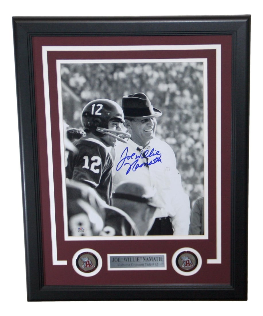 Framed 11x14 Alabama Crimson Tide Photo Signed by Joe Namath PSA Authenticated: Framed 11x14 Alabama Crimson Tide Photo Signed by Joe Namath PSA Authenticated This framed 11x14 photo features an original autograph by Joe Namath, commemorating his time with the Alabama Crimson Tid