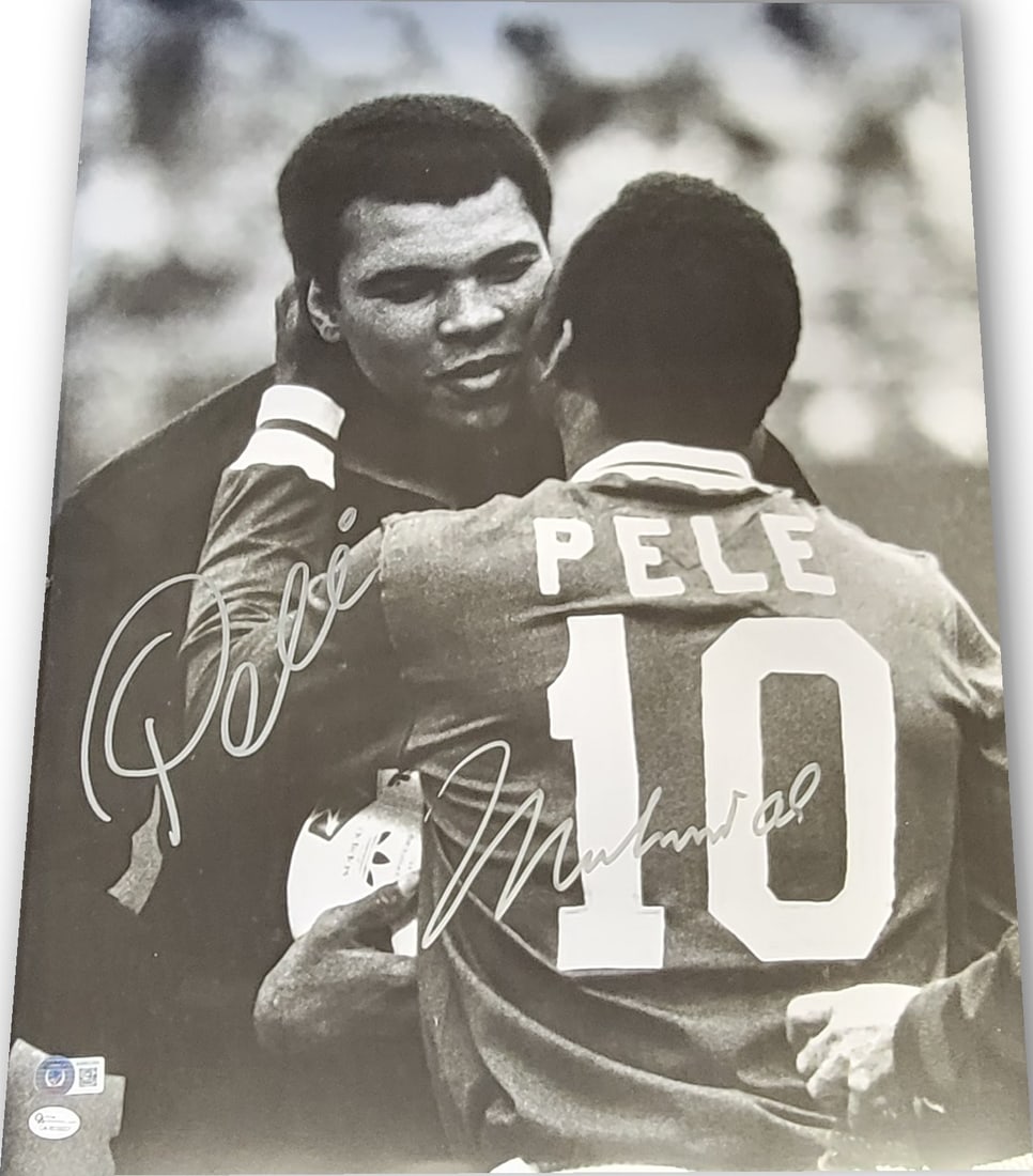 Muhammad Ali Pele Autographed 16x20 Photo Beckett Certified: Muhammad Ali Pele Autographed 16x20 Photo Beckett Certified This remarkable 16x20 photo features Muhammad Ali and Pele, two legends in their respective sports, embracing in a moment that captures the 
