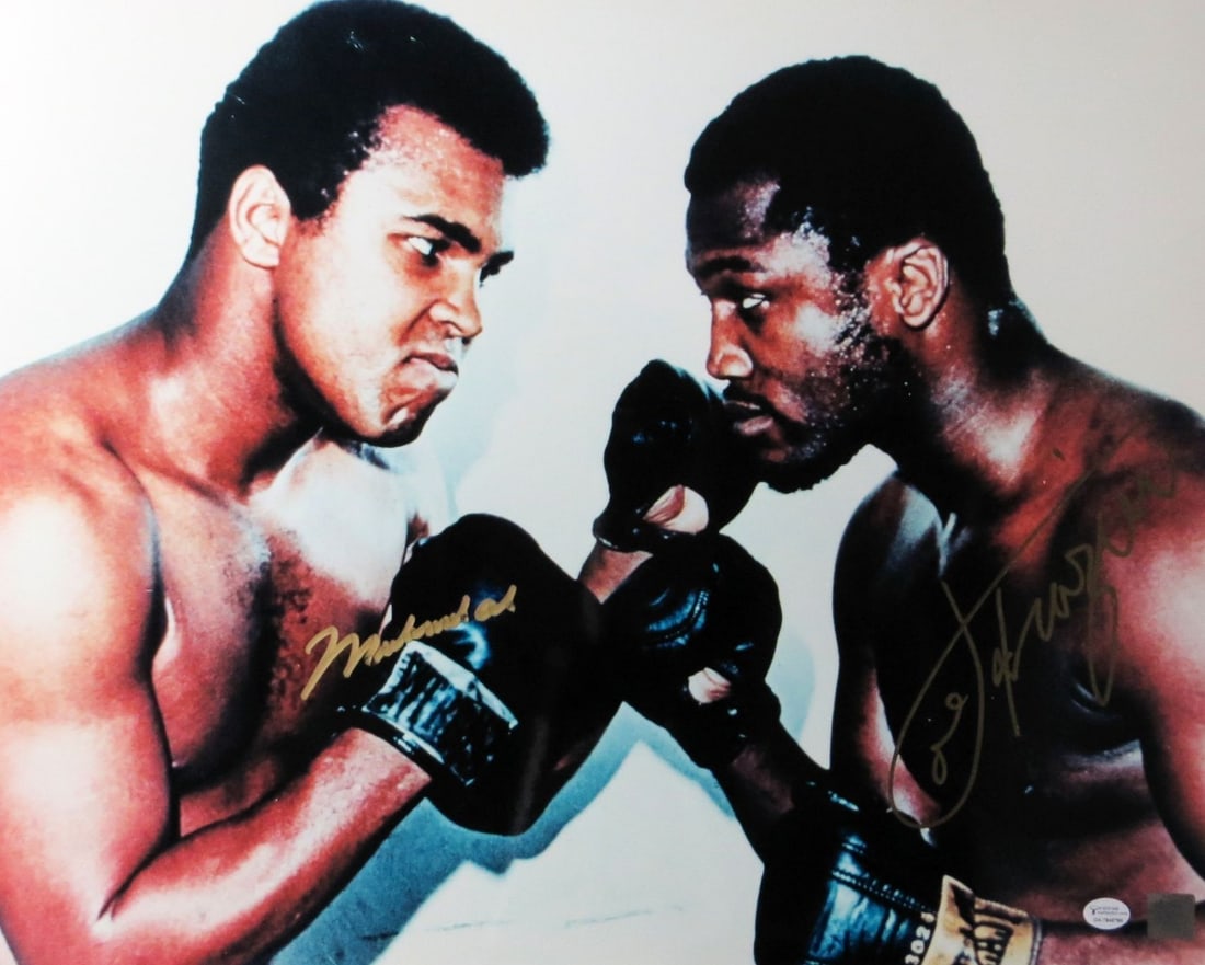 Muhammad Ali Joe Frazier Dual Autographed 16x20 Boxing Photo Online Authentics: Muhammad Ali Joe Frazier Dual Autographed 16x20 Boxing Photo Online Authentics This impressive dual autographed 16X20 photo features the legendary boxers Muhammad Ali and Joe Frazier, capturing a mome
