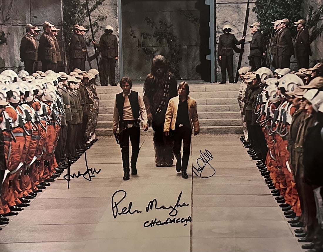 16x20 Star Wars Photo Signed by Ford Hamill Mayhew Beckett LOA: 16x20 Star Wars Photo Signed by Ford Hamill Mayhew Beckett LOA This is an original 16x20 inch Star Wars photograph signed by Harrison Ford, Mark Hamill, and Peter Mayhew. The photo is an officially li