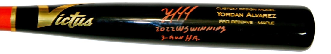 Victus 34 Inch Bat Signed by Yordan Alvarez with Inscription Beckett Authenticated: Victus 34 Inch Bat Signed by Yordan Alvarez with Inscription Beckett Authenticated This is a pre-owned 34" Victus player model baseball bat signed by Yordan Alvarez, featuring an inscription. The bat 