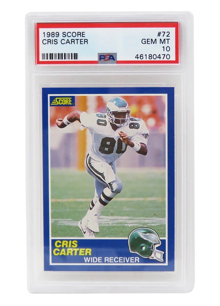 Cris Carter 1989 Score Football Rookie Card #72 PSA 10 Gem Mint: Cris Carter 1989 Score Football Rookie Card #72 PSA 10 Gem Mint This listing features a Cris Carter rookie card from the 1989 Score Football set, graded Gem Mint 10 by the Professional Sports Authenti