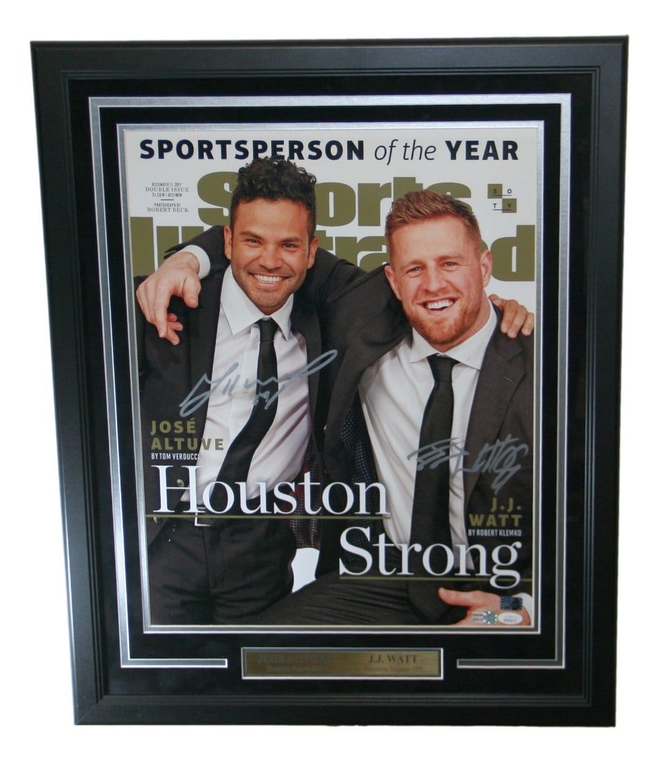 Framed Sports Illustrated 16x20 Photo Signed by J.J. Watt and Jose Altuve JSA: Framed Sports Illustrated 16x20 Photo Signed by J.J. Watt and Jose Altuve JSA This framed 16x20 Sports Illustrated cover photograph features signatures from both J.J. Watt and Jose Altuve. The photo h