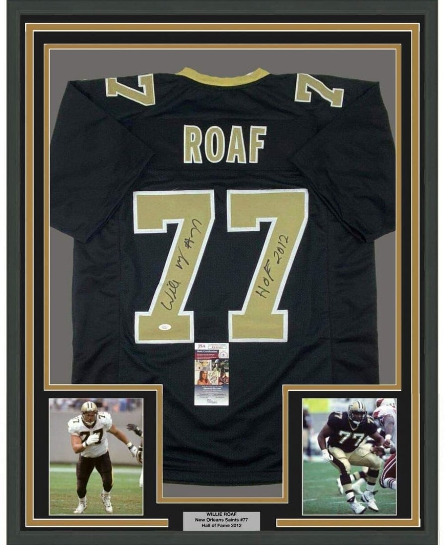 Framed Autographed Willie Roaf New Orleans Saints Jersey JSA COA: Framed Autographed Willie Roaf New Orleans Saints Jersey JSA COA Celebrate the legacy of NFL great Willie Roaf with this framed autographed black jersey from the New Orleans Saints. This stunning piec