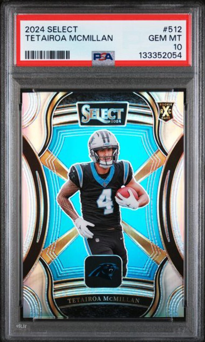 PSA 10 2024 Panini Select XRC Rookie Tetairoa McMillan Football Card #512: PSA 10 2024 Panini Select XRC Rookie Tetairoa McMillan Football Card #512 This is an original 2024 Panini Select Tetairoa McMillan #512 XRC Rookie RC card, professionally graded and encapsulated by Pr