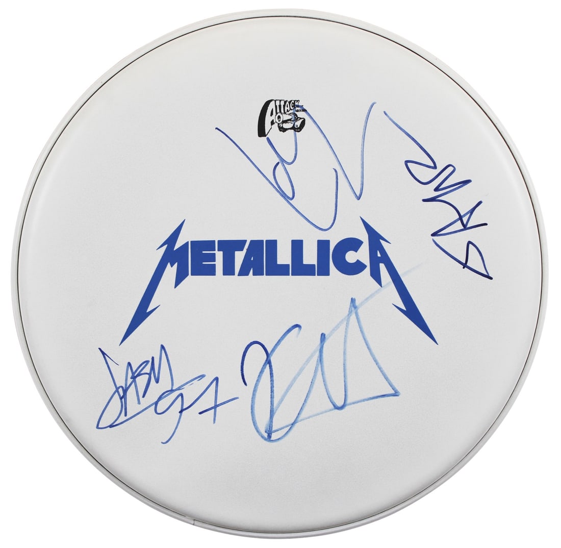 Metallica Signed 15 Inch Drum Head by Hetfield Ulrich Hammett Newsted COA: Metallica Signed 15 Inch Drum Head by Hetfield Ulrich Hammett Newsted COA This autographed 15-inch drum head features the signatures of iconic Metallica members: James Hetfield, Lars Ulrich, Kirk Hamm