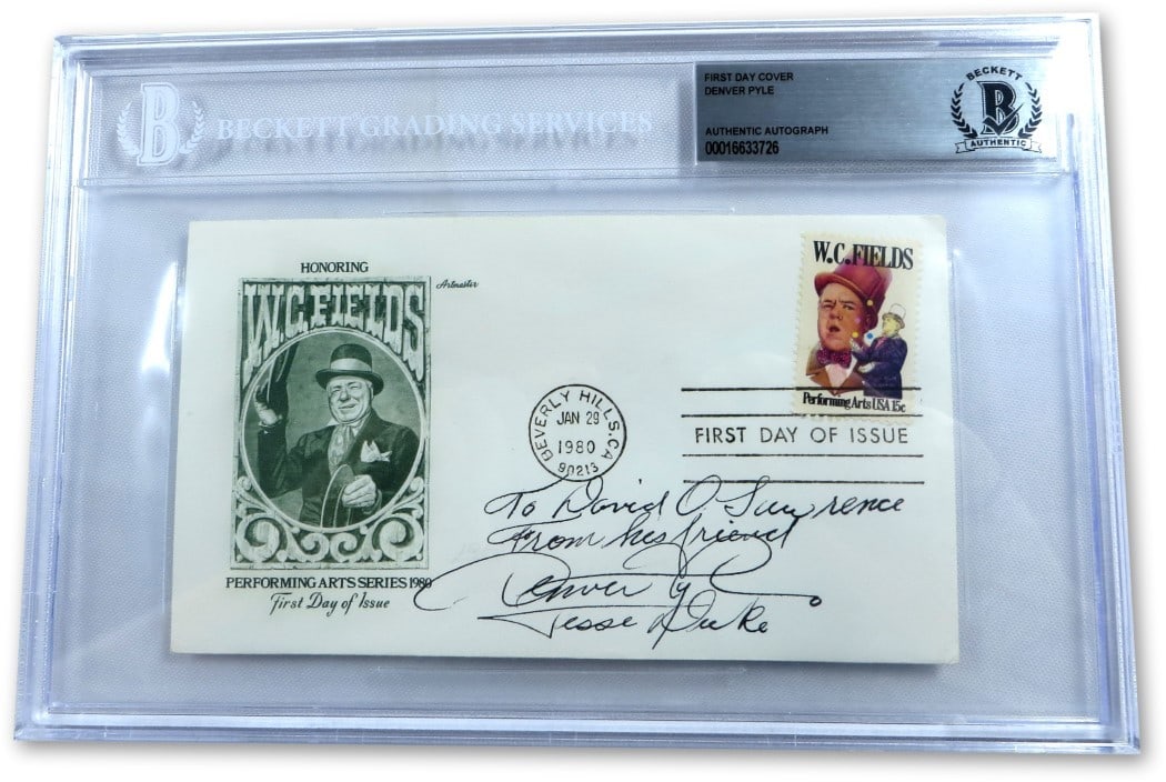 Autographed Denver Pyle First Day Cover Encased With Beckett Authentication: Autographed Denver Pyle First Day Cover Encased With Beckett Authentication This is an original First Day Cover autographed by Denver Pyle, known for his role in "Bonnie and Clyde." The item is authen