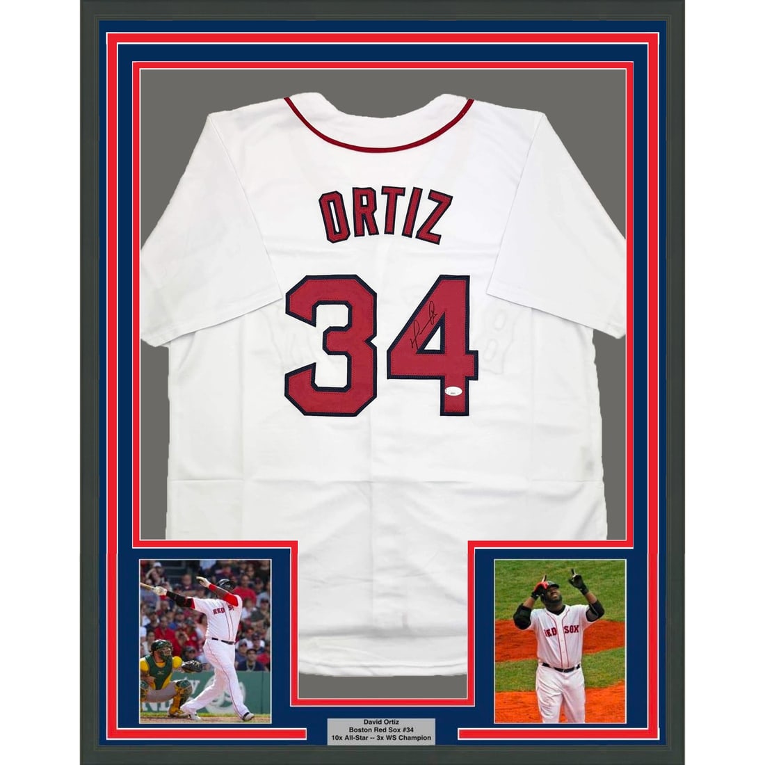 Framed David Ortiz Autographed Boston Red Sox Jersey with JSA COA 35x39: Framed David Ortiz Autographed Boston Red Sox Jersey with JSA COA 35x39 This professionally framed and matted item features an autographed David Ortiz Boston Red Sox baseball jersey, measuring 35x39 i