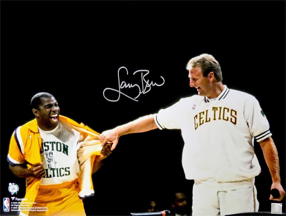 Larry Bird Signed 16x20 Celtics Retirement Night Photo with Magic Johnson: Larry Bird Signed 16x20 Celtics Retirement Night Photo with Magic Johnson Celebrate the legacy of basketball legends with this Larry Bird signed Boston Celtics Retirement Night 16x20 photo featuring