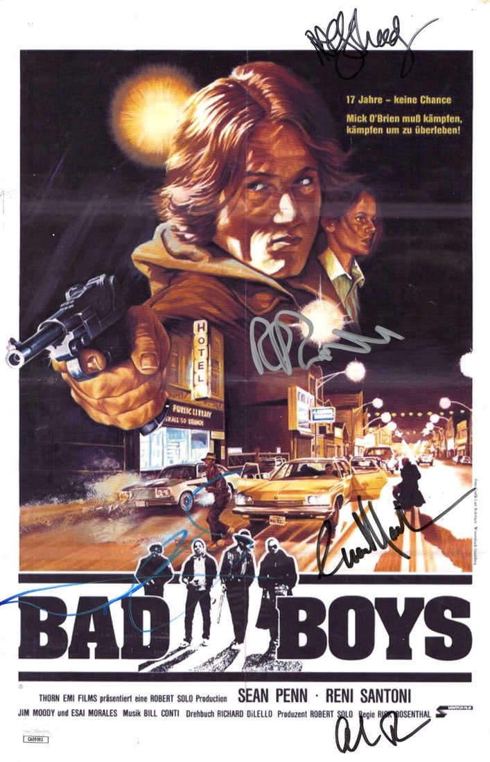 Bad Boys Autographed 11X17 Photo by Sean Penn Esai Morales Ally Sheedy JSA Certified: Bad Boys Autographed 11X17 Photo by Sean Penn Esai Morales Ally Sheedy JSA Certified This is an original 11x17 photograph featuring the autographs of the cast from the film "Bad Boys", including Sean 