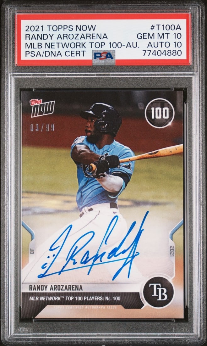 Randy Arozarena 2020 Topps Now Auto PSA 10 Limited 3/99 T100A Baseball Card: Randy Arozarena 2020 Topps Now Auto PSA 10 Limited 3/99 T100A Baseball Card This is a 2020 Topps Now MLB Network Top 100 Auto Baseball Card featuring Randy Arozarena. The card is graded PSA 10, indica