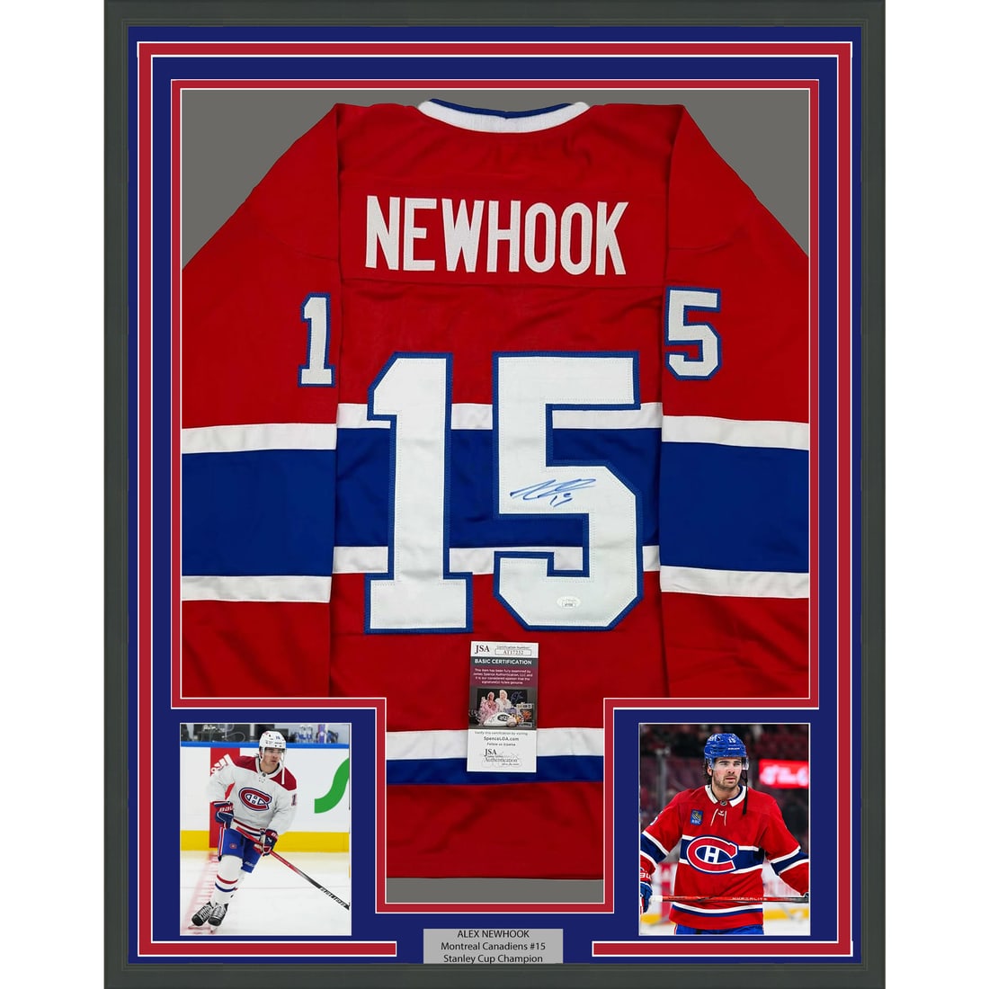 Framed Alex Newhook Signed Montreal Canadiens Jersey JSA Certified: Framed Alex Newhook Signed Montreal Canadiens Jersey JSA Certified This professionally framed and autographed Montreal Canadiens jersey features the signature of NHL player Alex Newhook. Measuring 35x