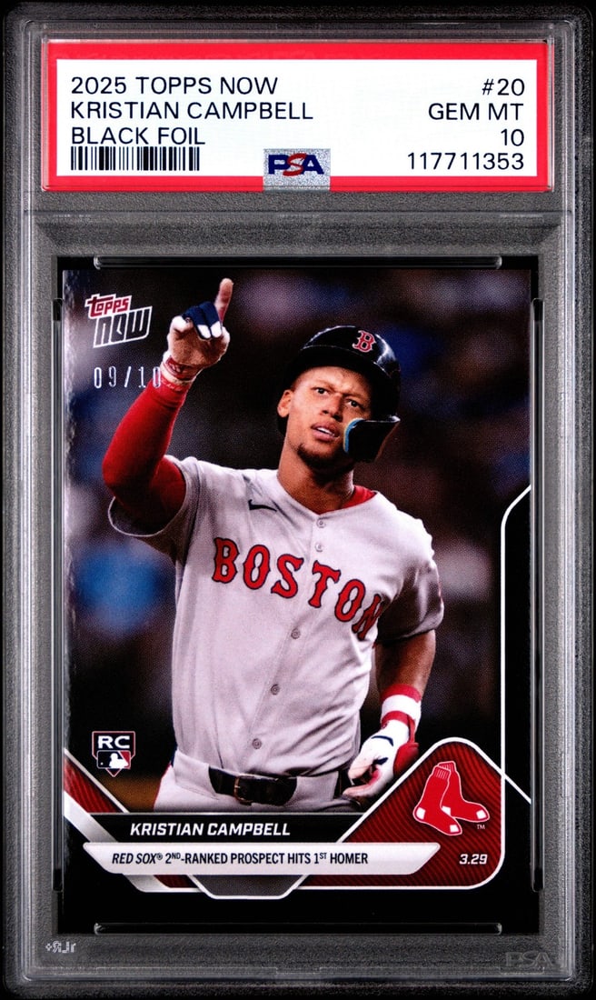 2025 Topps Now Kristian Campbell #20 Black /10 RC PSA 10 Baseball Card: 2025 Topps Now Kristian Campbell #20 Black /10 RC PSA 10 Baseball Card This is a Graded 2025 Topps Now Kristian Campbell #20 Black /10 RC Baseball Card, graded PSA 10. The card features professional a