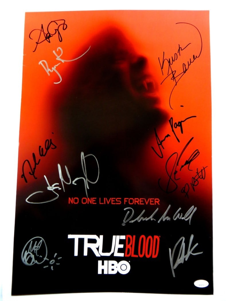 True Blood Signed 13X20 Poster 11 Autographs JSA Authenticated: True Blood Signed 13X20 Poster 11 Autographs JSA Authenticated This original 13x20 poster features autographs from the iconic cast of True Blood, including Anna Paquin, Nelsan Ellis, Ryan Kwanten, Ann