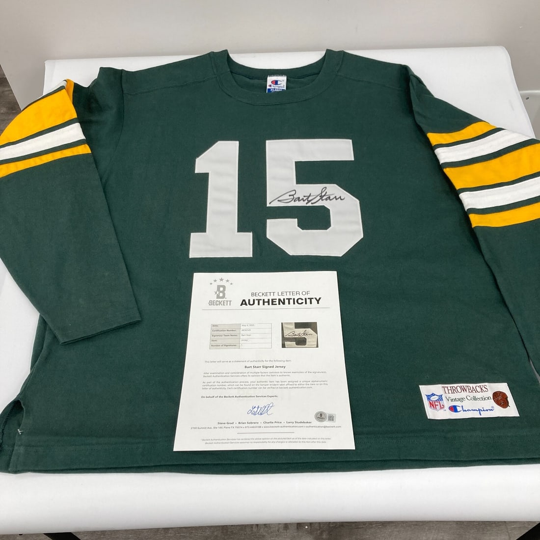 Bart Starr Signed Green Bay Packers Game Model Jersey Beckett COA: Bart Starr Signed Green Bay Packers Game Model Jersey Beckett COA This authentic Green Bay Packers jersey is a throwback model signed by legendary player Bart Starr. It features the official Beckett A