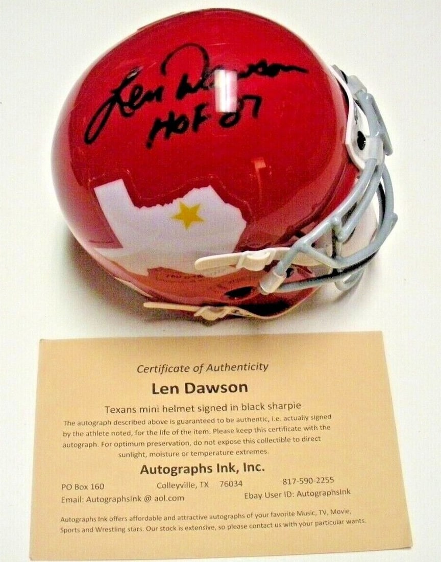 Len Dawson Signed Riddell Mini Helmet With COA Dallas Texans Chiefs HOF MVP: Len Dawson Signed Riddell Mini Helmet With COA Dallas Texans Chiefs HOF MVP This Riddell mini helmet features the signature of Len Dawson, renowned quarterback for the Dallas Texans and Kansas City Ch