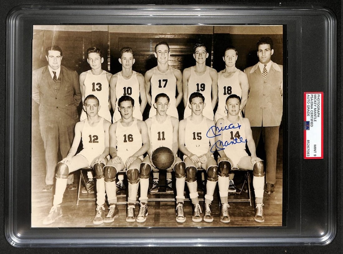 Mickey Mantle Signed 8x10 High School Basketball Photo PSA DNA Mint 9: Mickey Mantle Signed 8x10 High School Basketball Photo PSA DNA Mint 9 This is an original 8x10 photograph autographed by Mickey Mantle, featuring a rare image from his high school basketball days in C