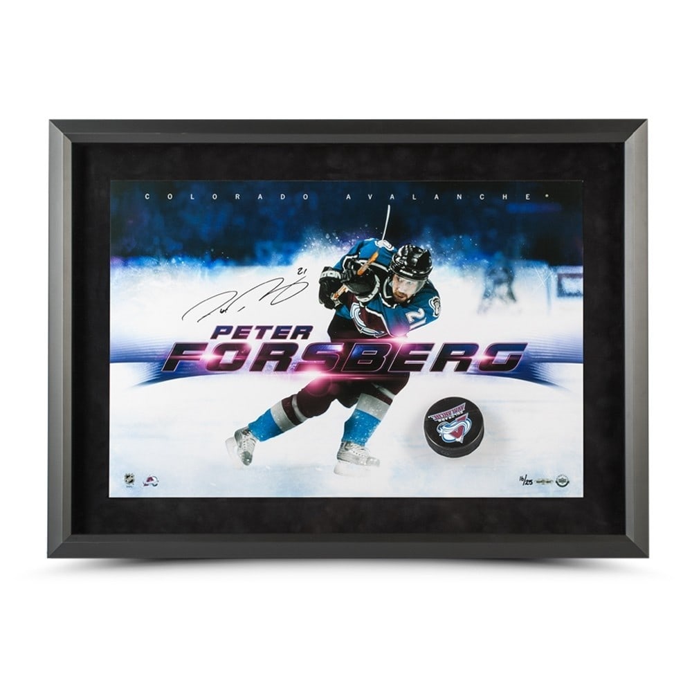 Peter Forsberg Autographed 16x24 Break Thru Photo Avalanche Limited Edition #/25: Peter Forsberg Autographed 16x24 Break Thru Photo Avalanche Limited Edition #/25 Celebrate the legacy of NHL star Peter Forsberg with this autographed 16X24 Break Thru photo, showcasing his iconic sla
