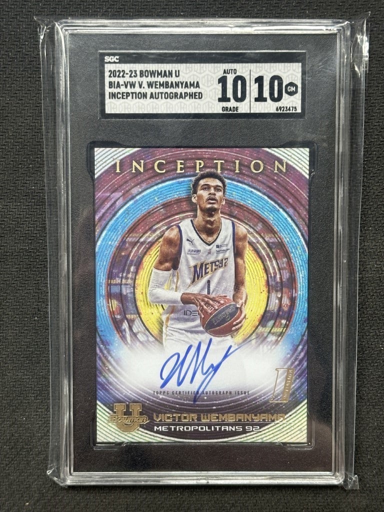 Victor Wembanyama 2022 Bowman U Inception Autograph SGC 10 Baseball Card: Victor Wembanyama 2022 Bowman U Inception Autograph SGC 10 Baseball Card This is a 2022-23 Bowman U Inception Autograph baseball card featuring Victor Wembanyama. The card is graded by the Sportscard 