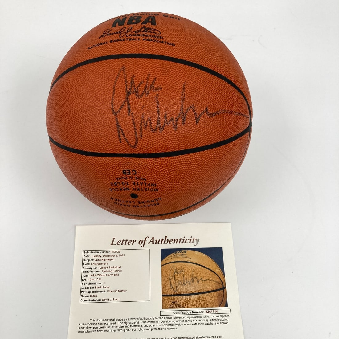 Spalding NBA Game Ball Autographed by Jack Nicholson with JSA Authentication: Spalding NBA Game Ball Autographed by Jack Nicholson with JSA Authentication This is a Spalding Official NBA Game Basketball signed by Jack Nicholson. The autograph has been authenticated by James Spe
