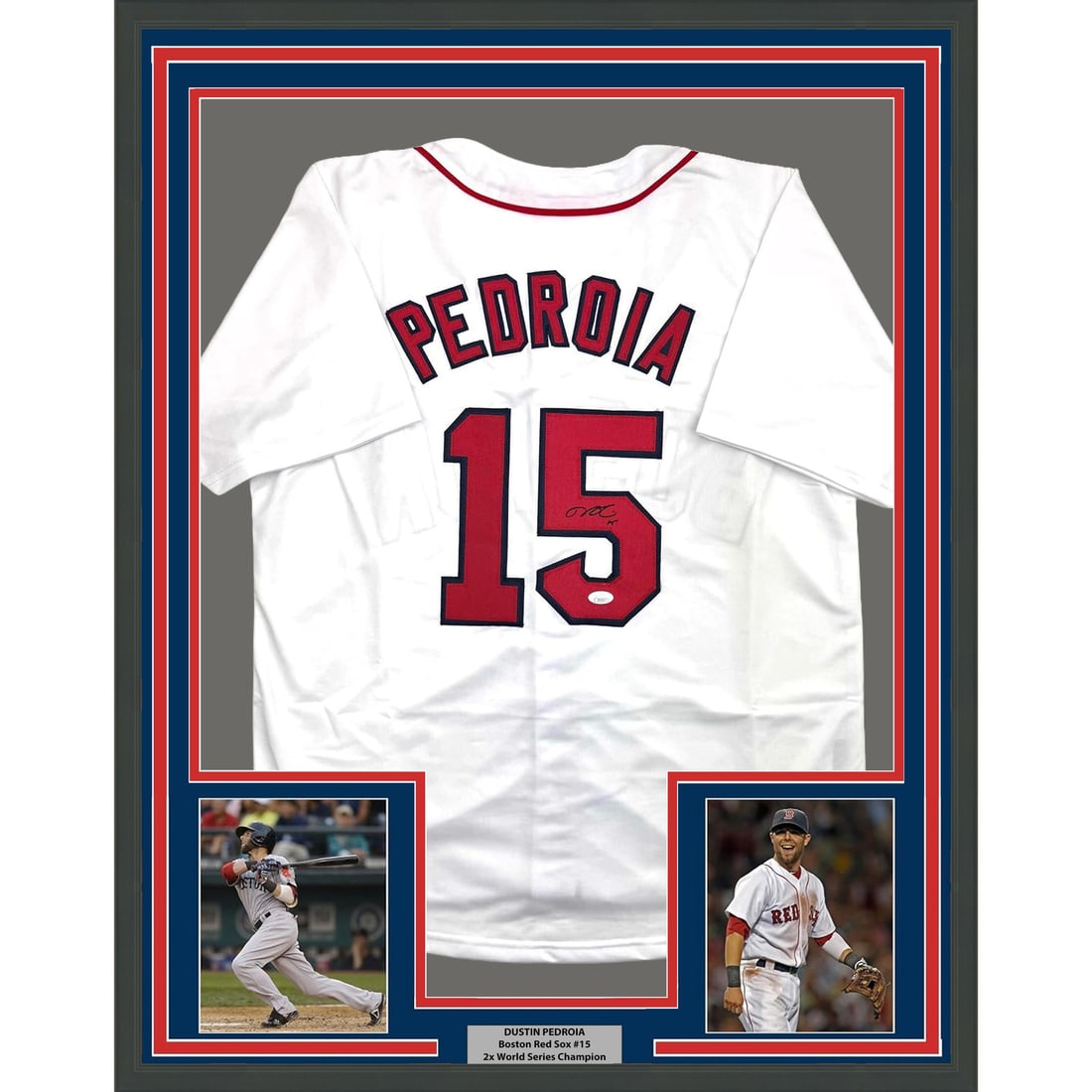 Dustin Pedroia Signed Boston Red Sox White Jersey Framed 35x39 With JSA COA: Dustin Pedroia Signed Boston Red Sox White Jersey Framed 35x39 With JSA COA This framed Boston Red Sox jersey is autographed by Dustin Pedroia. The jersey is professionally framed and matted, featurin