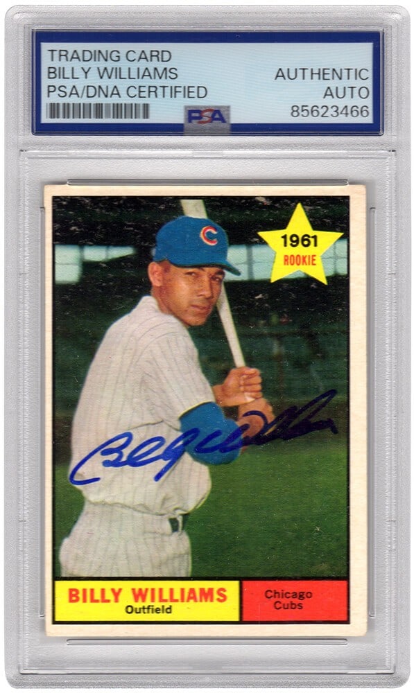 Billy Williams Signed 1961 Topps Cubs Rookie Card PSA/DNA #141: Billy Williams Signed 1961 Topps Cubs Rookie Card PSA/DNA #141 Own a piece of baseball history with this Billy Williams signed Chicago Cubs 1961 Topps rookie baseball card #141. This collectible card 